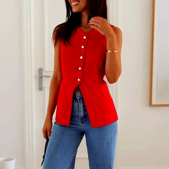 Solid Red V-Neck Button-Down Vest With Pockets & Button Down Closure Waistcoat - Picture 1 of 4